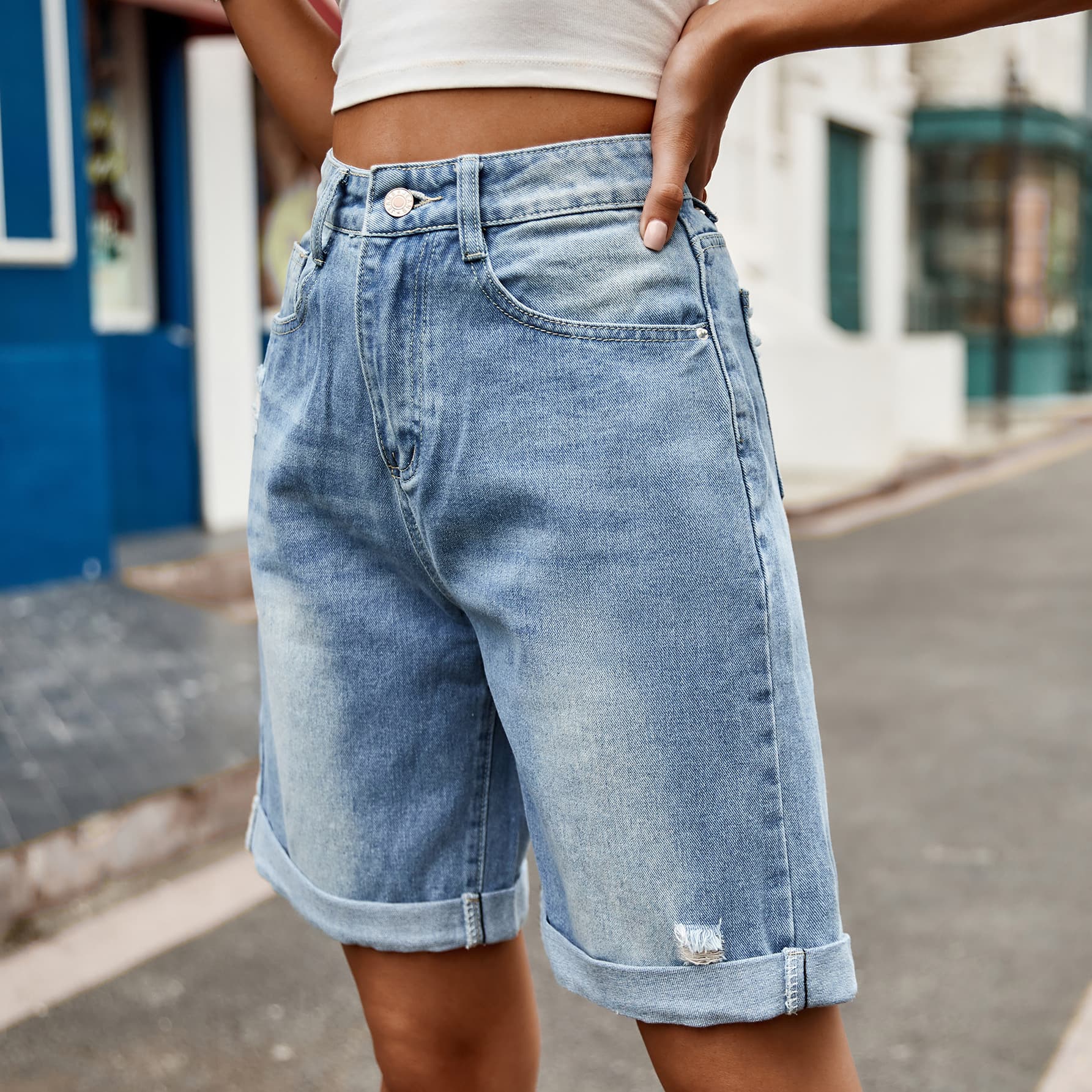 Distressed Buttoned Denim Shorts with Pockets – 4VR VOGUE